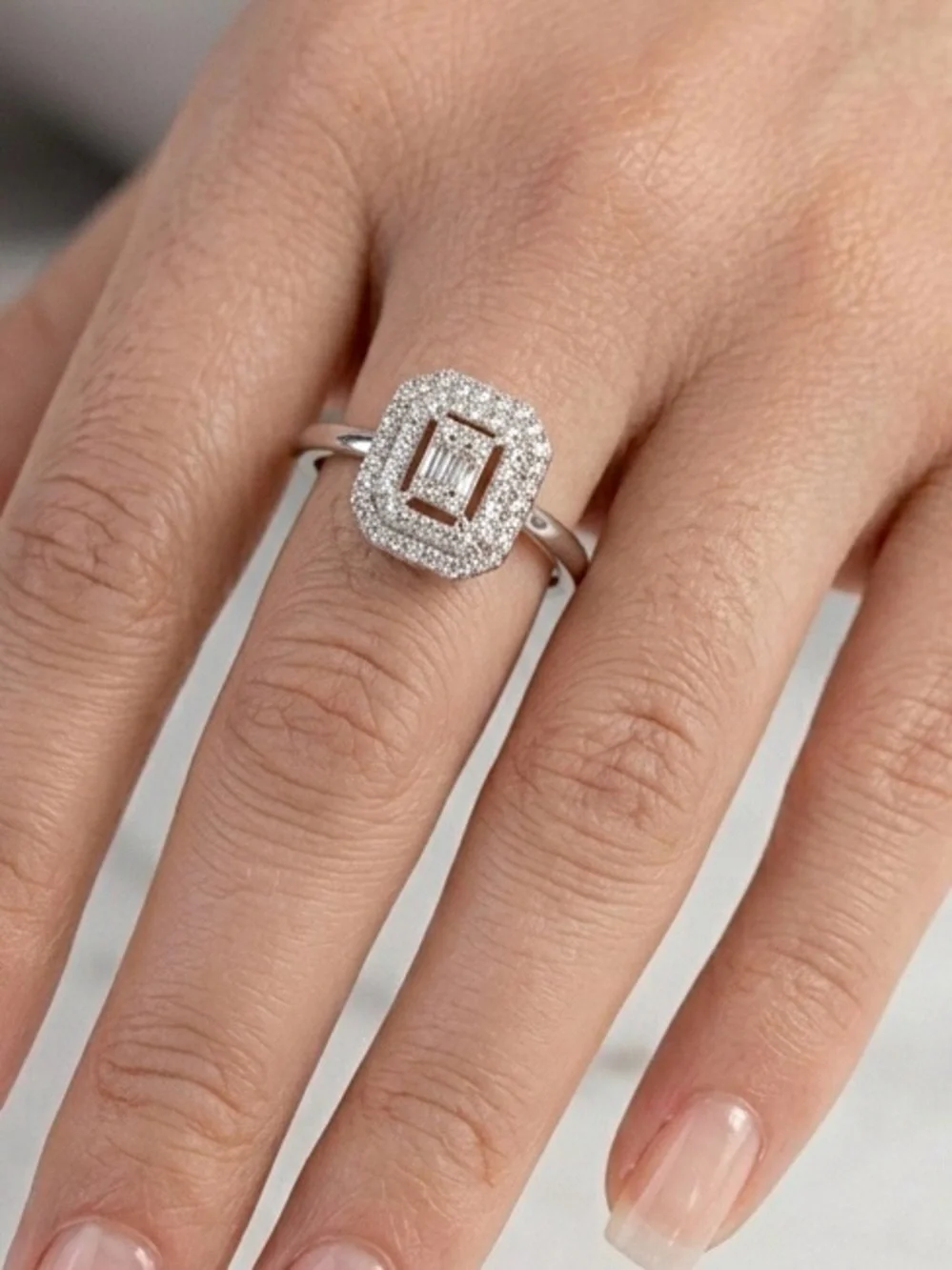 Platinum Plated Emerald Shape Double Halo Baguette CZ Ring | Silver Tone Luxury